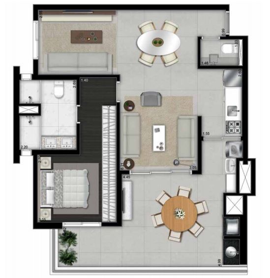 Illustrated plant 88m² - 1 master suite with decoration suggestion Illustrated plant 88m² - 1 master suite with decoration suggestion