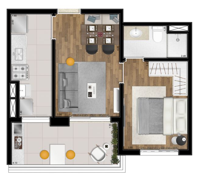 Illustrated plan - 41m² - 1 suite - with decoration suggestion Illustrated plan - 41m² - 1 suite - with decoration suggestion