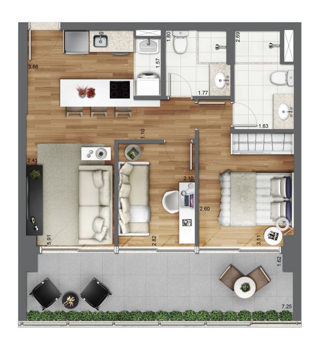 Floor plan 61m² - 2 Dorms. (1 Suite) with decoration suggestion Floor plan 61m² - 2 Dorms. (1 Suite) with decoration suggestion