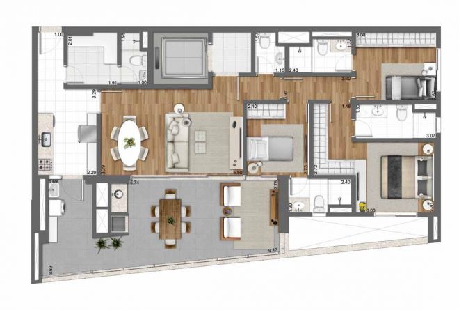 128 m² floor plan - 3 bedrooms (1 suite) with decoration suggestion 128 m² floor plan - 3 bedrooms (1 suite) with decoration suggestion