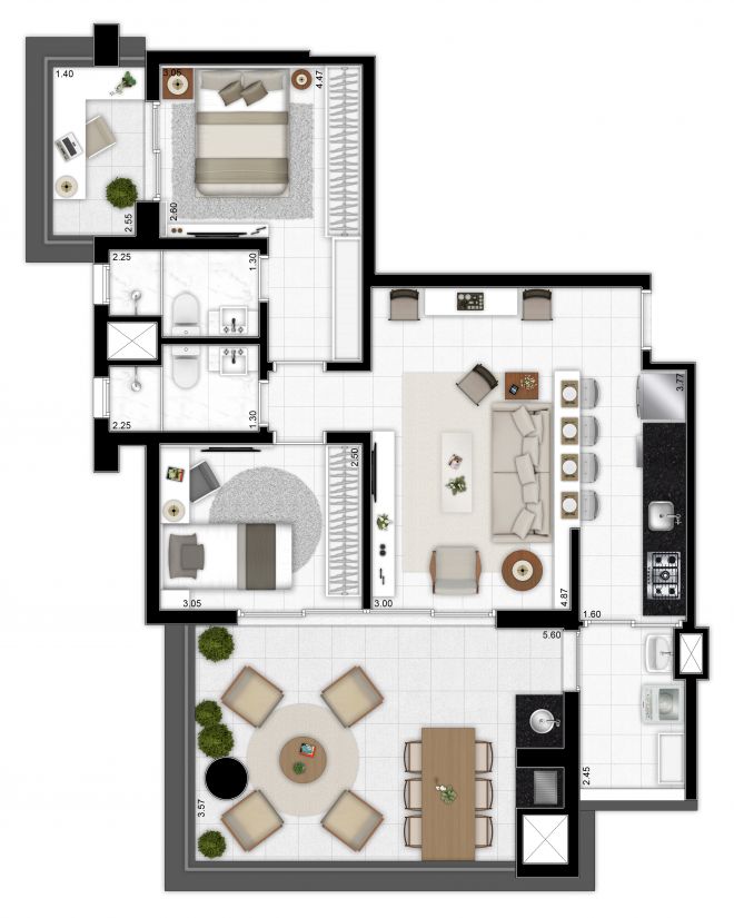 Floor plan 90m² - 2 bedrooms (1 suite) with decoration suggestion Floor plan 90m² - 2 bedrooms (1 suite) with decoration suggestion