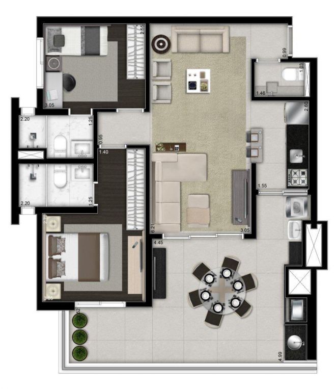 Illustrated plant 88m² - 2 suites with decoration suggestion Illustrated plant 88m² - 2 suites with decoration suggestion