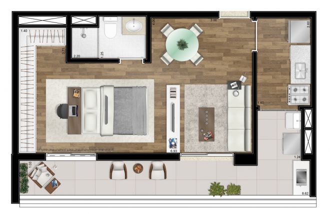 Floor plan - 50m² - 1 integrated suite - with decoration suggestion Floor plan - 50m² - 1 integrated suite - with decoration suggestion