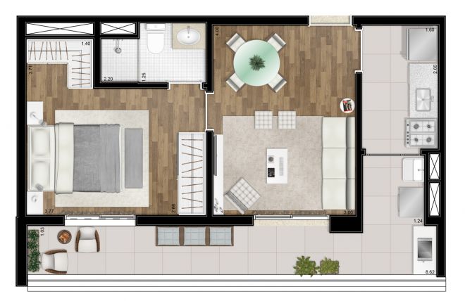 Floor plan - 50m² - 1 suite - with decoration suggestion Floor plan - 50m² - 1 suite - with decoration suggestion