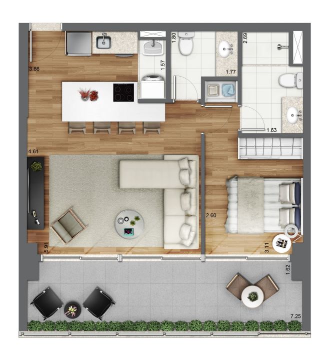 Floor plan 61m² - 1 Suite with decoration suggestion Floor plan 61m² - 1 Suite with decoration suggestion