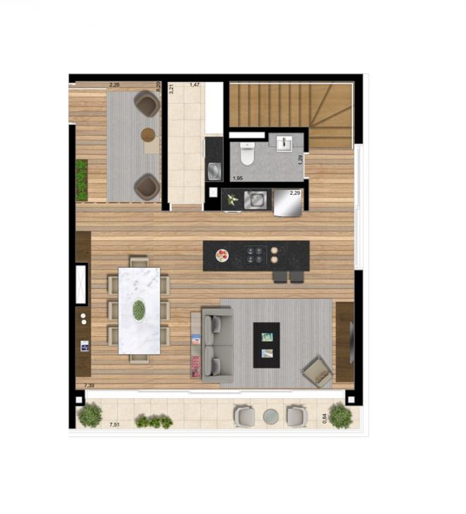 Plant illustrated Lower Floor - Apartment 139m² with decoration suggestion Plant illustrated Lower Floor - Apartment 139m² with decoration suggestion