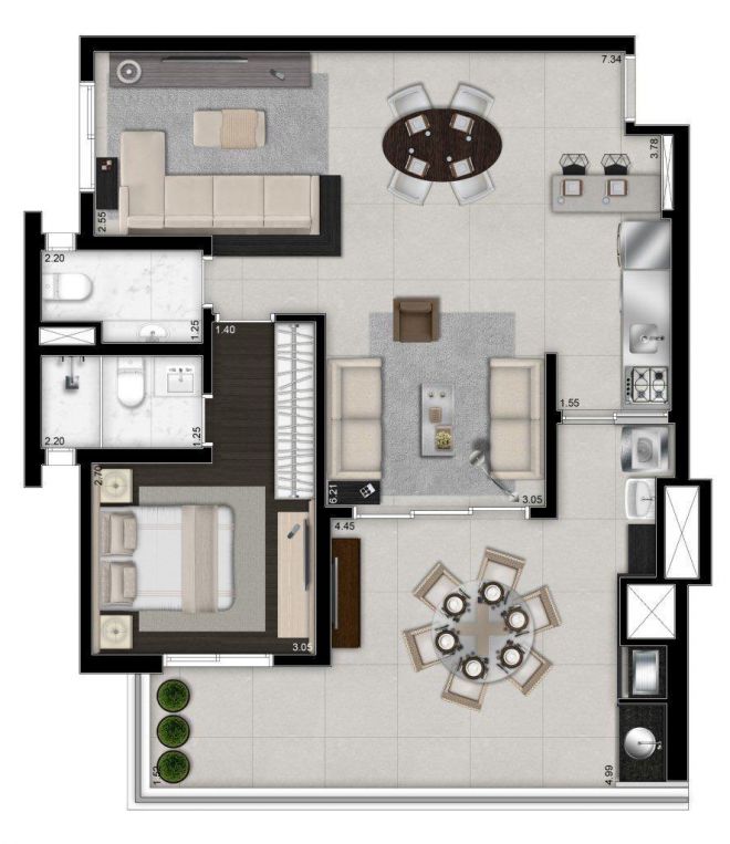 Illustrated plant 88m² - 1 suite with decoration suggestion Illustrated plant 88m² - 1 suite with decoration suggestion