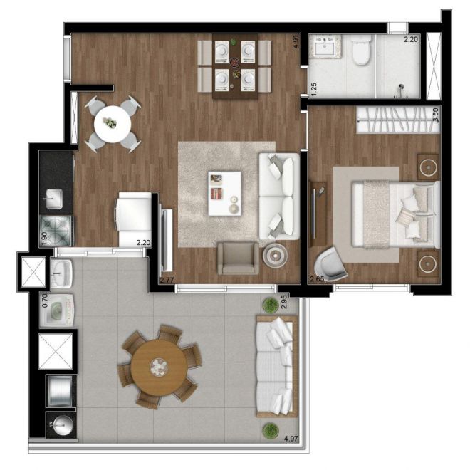 Plant illustrated 60m² - 1 double bedroom. with decoration suggestion Plant illustrated 60m² - 1 double bedroom. with decoration suggestion