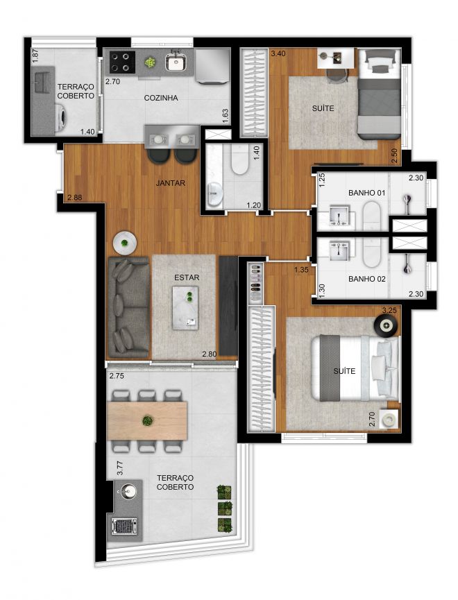 Plan option 69 m² apartment - 2 suites and lavatory Plan option 69 m² apartment - 2 suites and lavatory