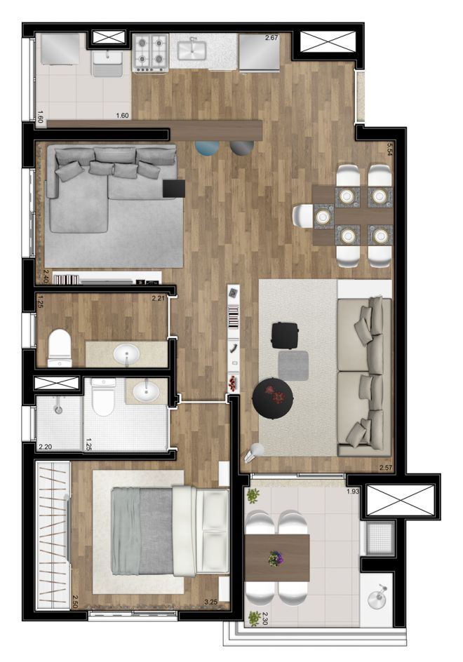Floor plan - 62m² - 1 suite - with decoration suggestion Floor plan - 62m² - 1 suite - with decoration suggestion