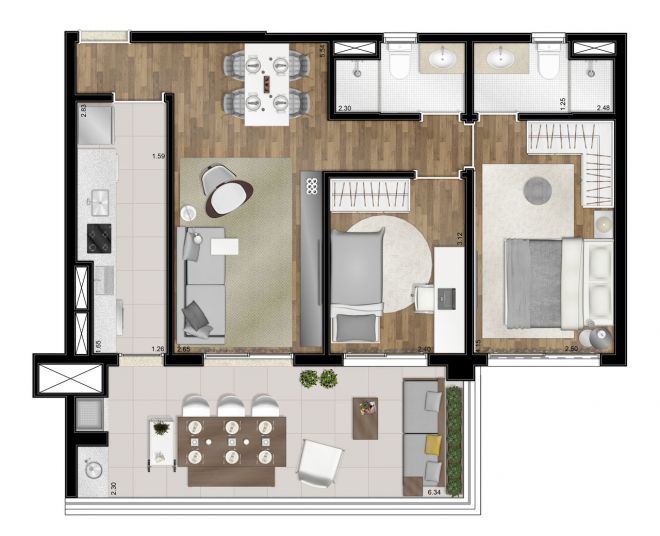 Floor plan - 77m² - 2 bedrooms (1 suite) - with decoration suggestion Floor plan - 77m² - 2 bedrooms (1 suite) - with decoration suggestion