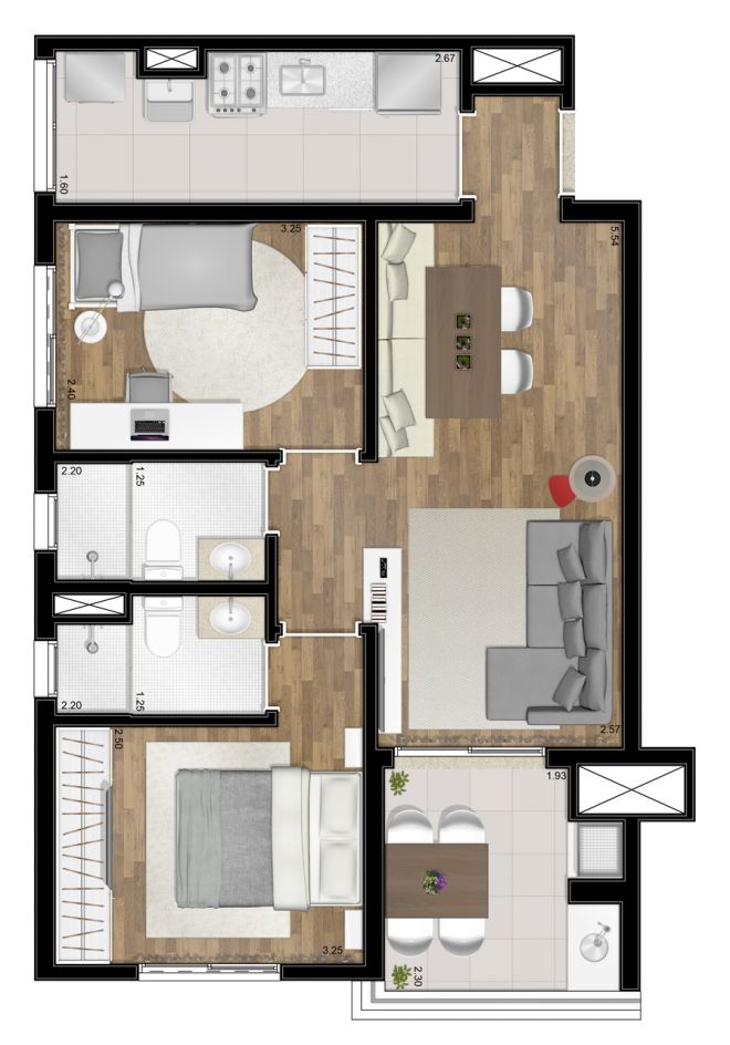 Floor plan - 62m² - 2 bedrooms (1 suite) - with decoration suggestion Floor plan - 62m² - 2 bedrooms (1 suite) - with decoration suggestion