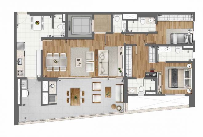 128 m² floor plan - 2 suites with decoration suggestion 128 m² floor plan - 2 suites with decoration suggestion