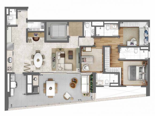 131 m² floor plan - 3 bathrooms and integrated kitchen with decoration suggestion 131 m² floor plan - 3 bathrooms and integrated kitchen with decoration suggestion