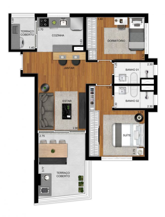 Planta type 69 m² apartment - 2 bedrooms (1 suite) Planta type 69 m² apartment - 2 bedrooms (1 suite)