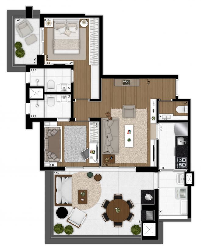 Floor plan 90m² - 2 suites with decoration suggestion Floor plan 90m² - 2 suites with decoration suggestion