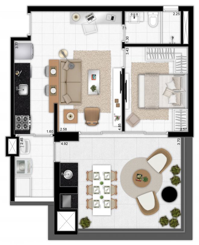 Floor plan 64 m² - 1 bedroom - expanded kitchen integrated into the living room with decoration suggestion Floor plan 64 m² - 1 bedroom - expanded kitchen integrated into the living room with decoration suggestion