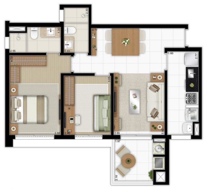 Floor plan 69m² - 2 bedrooms (1 suite) with decoration suggestion Floor plan 69m² - 2 bedrooms (1 suite) with decoration suggestion