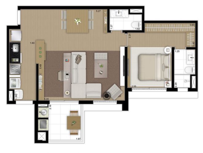 Floor plan 69m² - 1 master suite with decoration suggestion Floor plan 69m² - 1 master suite with decoration suggestion