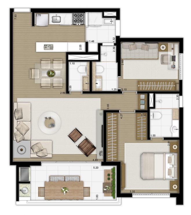 Floor plan 90m² - 2 suites with decoration suggestion Floor plan 90m² - 2 suites with decoration suggestion