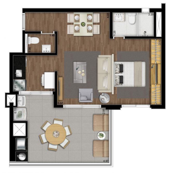 Plant illustrated 60m² - loft with decoration suggestion Plant illustrated 60m² - loft with decoration suggestion