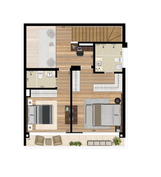 Plant illustrated Upper Floor - Apartment 139m² with decoration suggestion Plant illustrated Upper Floor - Apartment 139m² with decoration suggestion