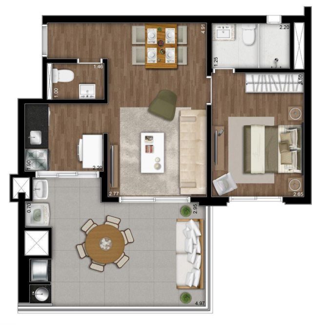 Illustrated plant 60m² - 1 suite with decoration suggestion Illustrated plant 60m² - 1 suite with decoration suggestion