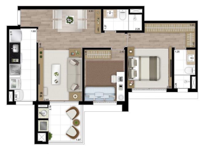 Floor plan 69m² - 2 bedrooms (1 suite) with decoration suggestion Floor plan 69m² - 2 bedrooms (1 suite) with decoration suggestion