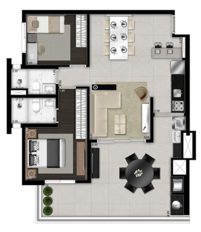 Illustrated plant 88m² - 2 bedrooms (1 en suite) with decoration suggestion Illustrated plant 88m² - 2 bedrooms (1 en suite) with decoration suggestion