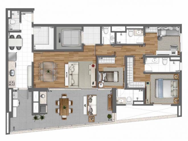 131 m² floor plan - 3 suites with decoration suggestion 131 m² floor plan - 3 suites with decoration suggestion