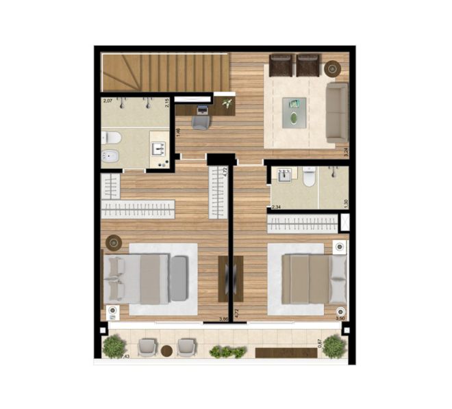 Plant illustrated Lower Floor - Apartment 144m² with decoration suggestion Plant illustrated Lower Floor - Apartment 144m² with decoration suggestion