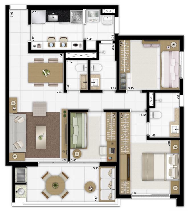 Floor plan 90m² - 3 bedrooms (1 suite) with decoration suggestion Floor plan 90m² - 3 bedrooms (1 suite) with decoration suggestion