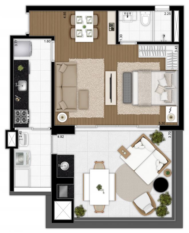 Floor plan 64 m² - integrated suite and living room, expanded kitchen, with decoration suggestion Floor plan 64 m² - integrated suite and living room, expanded kitchen, with decoration suggestion