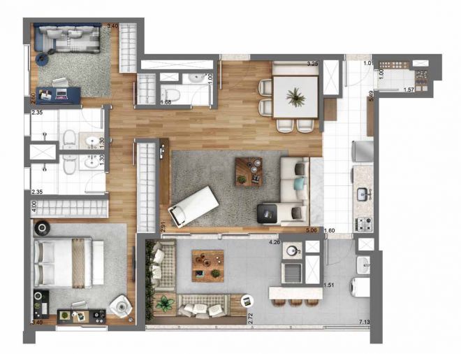 105 m² floor plan - 2 suites with decoration suggestion 105 m² floor plan - 2 suites with decoration suggestion