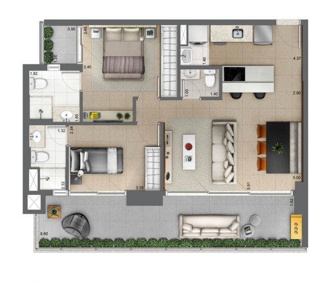 Floor plan 81m² - 2 suites with decoration suggestion Floor plan 81m² - 2 suites with decoration suggestion